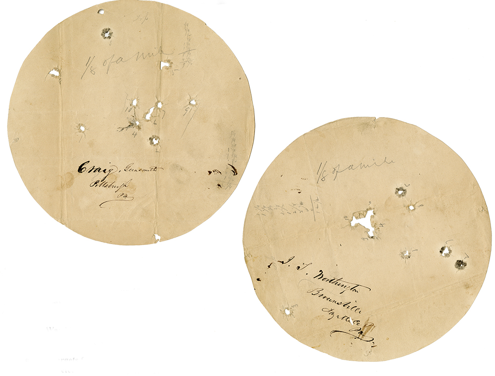 <strong> The names signed on the handmade targets indicate that one was produced by “J.L. Northington Brownsville, Fayette Co., Pa,” and the other by the gun manufacturer “Craig, Gunsmith Pittsburg, Pa.” </strong> PA State Archives