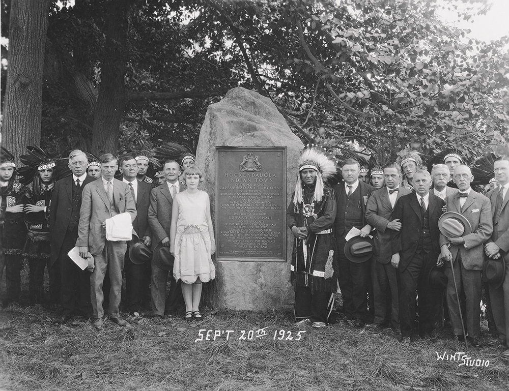 <strong> Dedication ceremonies, such as this one for Hockendauqua Indian Town in September 1925, included a presentation of the deed, speeches and an unveiling of the marker. Chairman of the Pennsylvania Historical Commission Henry W. Shoemaker, second to the right of the marker in this photo, presided at most of the ceremonies.</strong> PHMC/Bureau for Historic Preservation