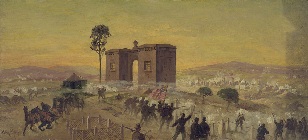 The gatehouse of the Evergreen Cemetery looms in the background of Edwin Forbes’ depiction of the Confederate charge on East Cemetery Hill and the capture of the left gun of Ricketts’ battery. <i>LIBRARY OF CONGRESS</i>