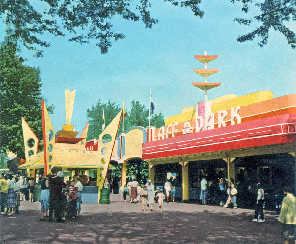 At the main entrance, “an ultra-modern new refreshment stand in gay colors,” designed in 1956 by Leo Kathe, and the 1939 front to Laff in the Dark, later the site of the Turnpike and now the Sky Rocket coaster.