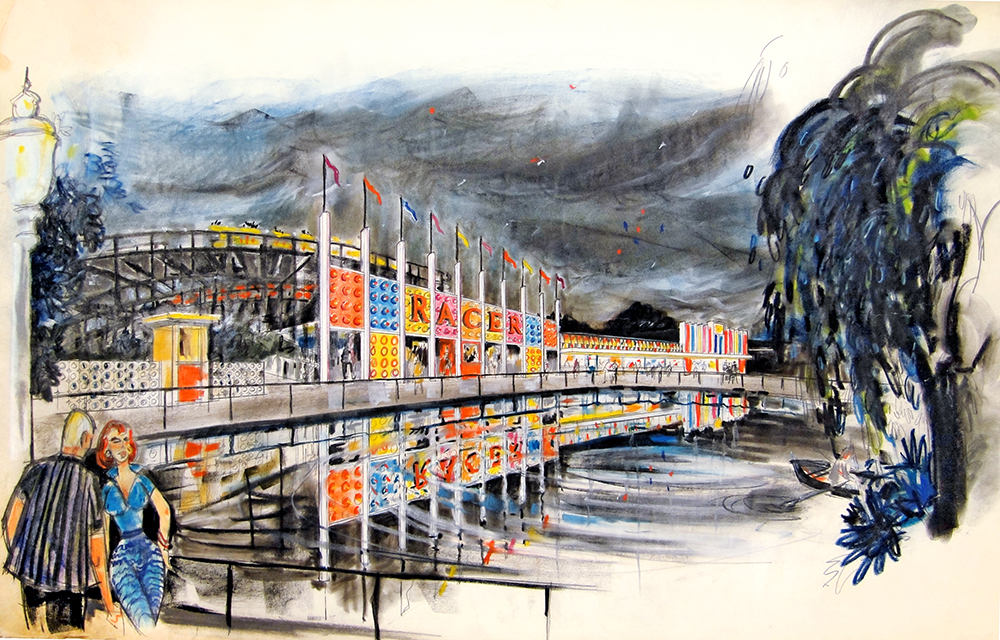 A 1960 rendering by Liff & Justh of the new fronts stretching from the Racer to the Pastime building.