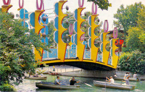 Jack Ray’s over-the-top lagoon bridge perfectly captured the excitement of the style. The Rotor on the far end is roughly the location of today’s Paratrooper.