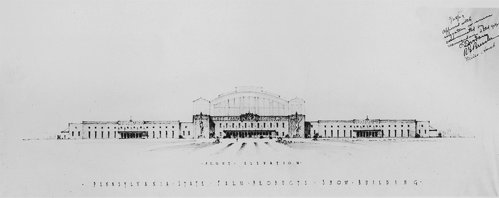Detail of the original 1929 design showing the Main Exhibition Building with the proposed coliseum, built 10 years later in a different position as the Large Arena.