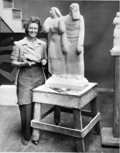 Janet de Coux with her sculpture Sarah and Abraham, circa 1939.