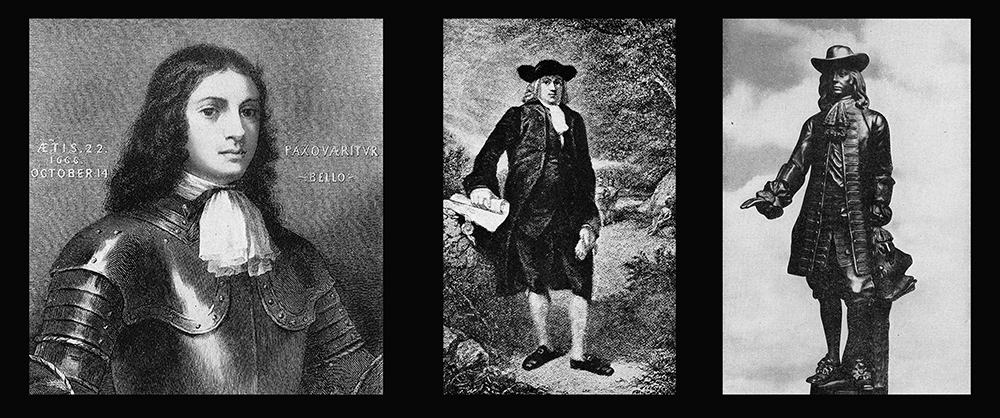 Some of the various illustrations of William Penn from the book Remember William Penn that de Coux read to learn about the founder: left,an engraving at age 22 in armor based on the often-copied original from life by an unknown artist; middle, the “Quaker Oats conception,” as S.K. Stevens referred to such typical images, based on a painting by Henry Inman; and right, Alexander Calder’s statue for Philadelphia’s City Hall, showing the founder in traditional Quaker garb.