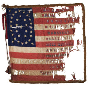 National colors, such as this one for 51st Pennsylvania Regiment, had 13 red and white stripes and a blue star-spangled canton, typically in the formation shown here, but sometimes varying depending on location. Regiments often continued carrying their battle-torn flags as symbols of their combat experience.