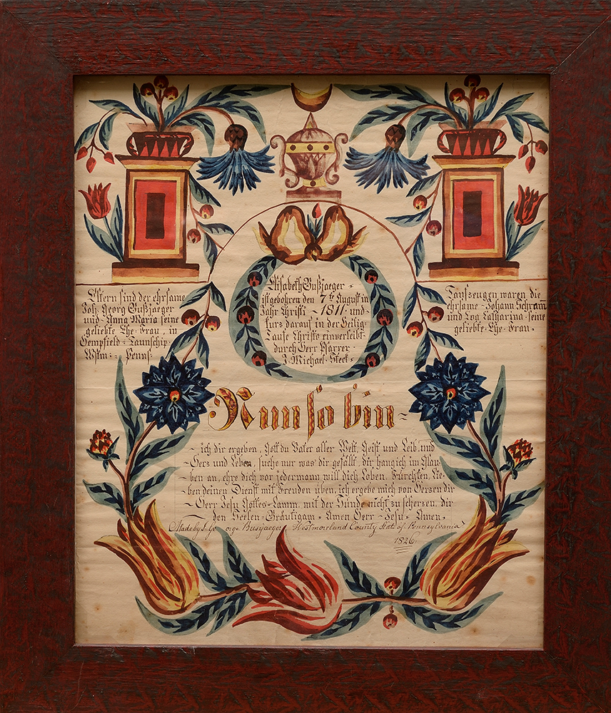 Birth and baptismal certificate for Elisabeth Bussjaeger, watercolor and ink on wove paper made by John George Bussjaeger, Westmoreland County, 1826.PHMC