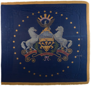 The Pennsylvania state flag from the platform on which President Abraham Lincoln delivered the Gettysburg Address at the dedication of the Soldiers National Cemetery, November 19, 1863. PHMC