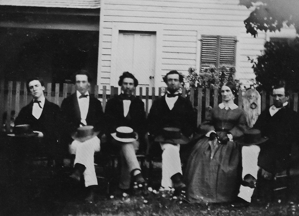 An ambrotype captures a meeting of abolitionists near Philadelphia in about 1855. From left, Passmore Williamson, unknown, William Howard Day, James Miller McKim, Mary Grew and Edward M. Davis. Robert Adair Collection