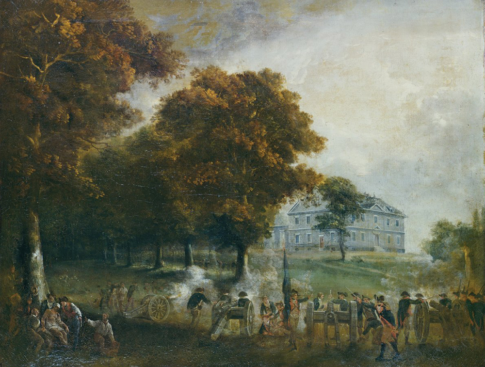 The Storming of the Chew House, a c. 1790 painting of the 1777 Battle of Germantown by an unknown British artist. Courtesy of Cliveden, a historic site of the National Trust for Historic Preservation