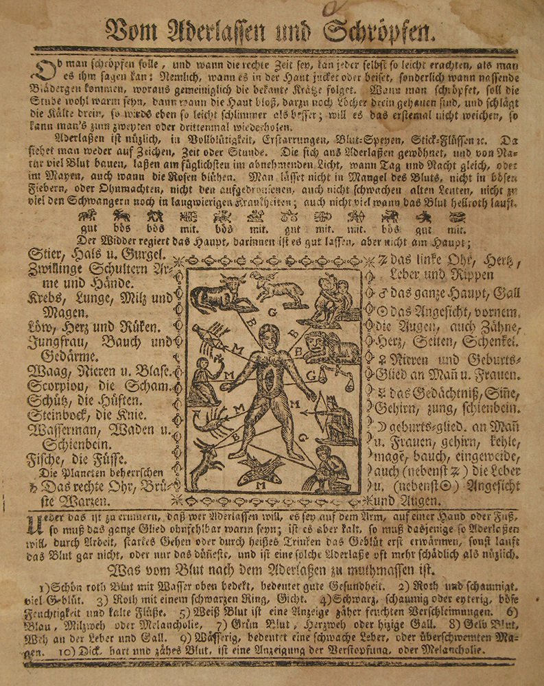 "The Man of Signs," appearing here from Der Neue Readinger Calendar (1802), printed by Jacob Schneider of Reading, Berks County, is a common diagram still found in today’s farmer’s almanacs. It depicts the relation of human health to the movements of the heavens, detailing the governance of each part of the body by the signs of the zodiac and the planets.