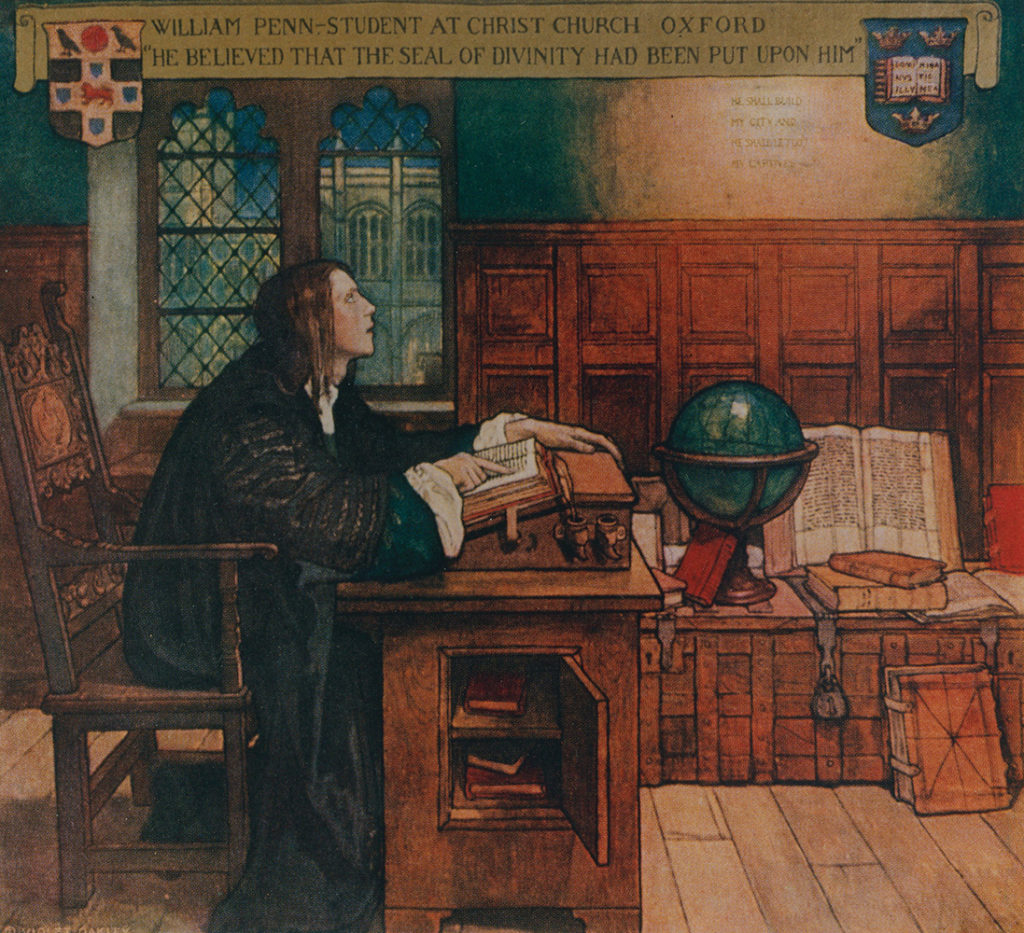 William Penn—Student at Christ Church Oxford, one of 13 murals illustrating the life of Penn by Violet Oakley (1874–1961), installed in the Governor's Reception Room in the Pennsylvania State Capitol.