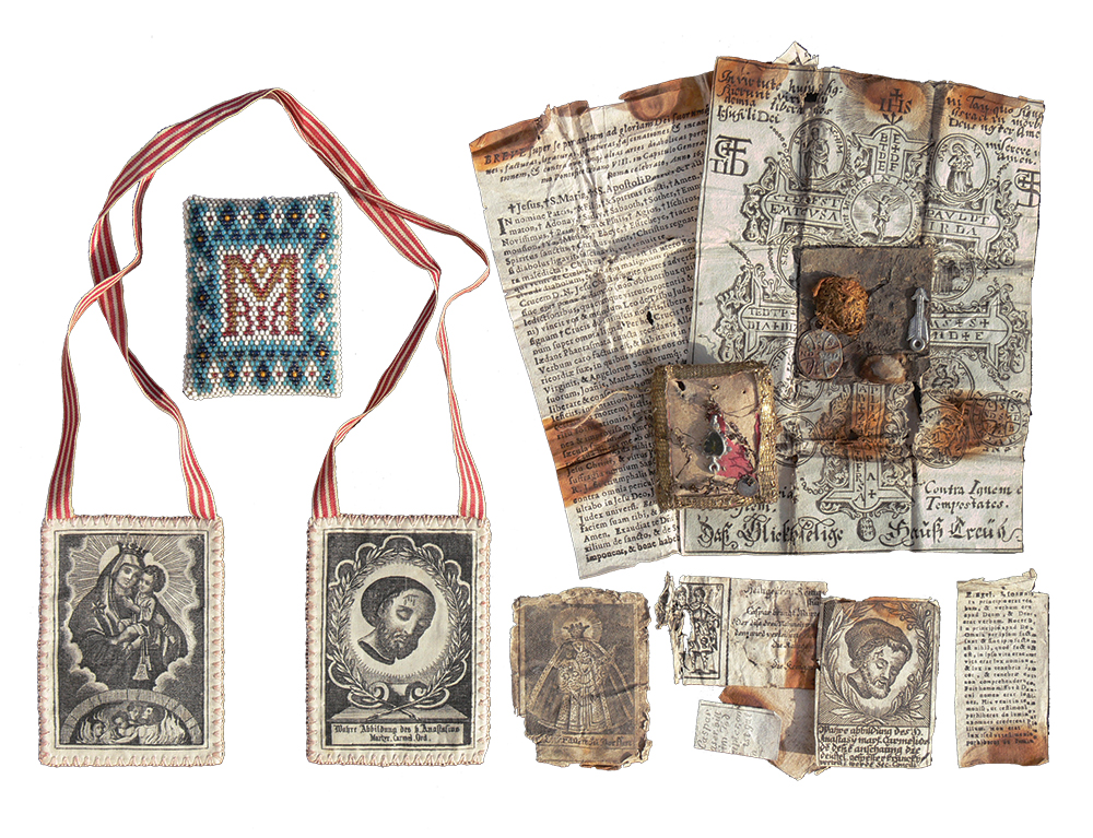 These European artifacts of religious healing reflect the origins of Pennsylvania Dutch powwowing: left, a scapular worn around the shoulders with images of the saints, as well as an unopened Breverl (letter of blessing), highly embellished with the beaded monogram of the Virgin Mary; right, the contents of an 18th-century German-language Breverl, which was sealed and worn on one’s person. Heilman Collection of Patrick J. Donmoyer