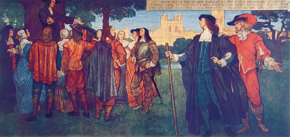 Penn Meets the Quaker Thought in the Field Preaching at Oxford, by Violet Oakley, illustrates the inspiring moment that led to Penn’s conversion.