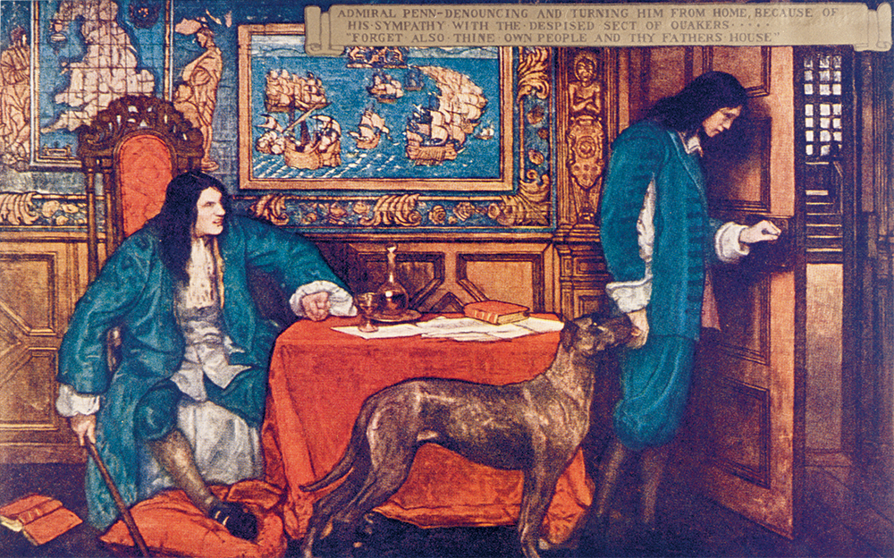 Admiral Penn Denouncing and Turning Him from Home, Because of His Sympathy with the Despised Sect of Quakers, by Violet Oakley, recreates the dramatic scene of Penn’s expulsion by his disapproving father.