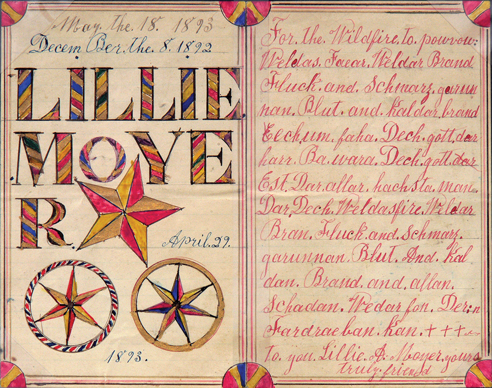 Powwow instructions to Lillie A. Moyer for treating wildfire, Tulpehocken, Berks County, 1893.
