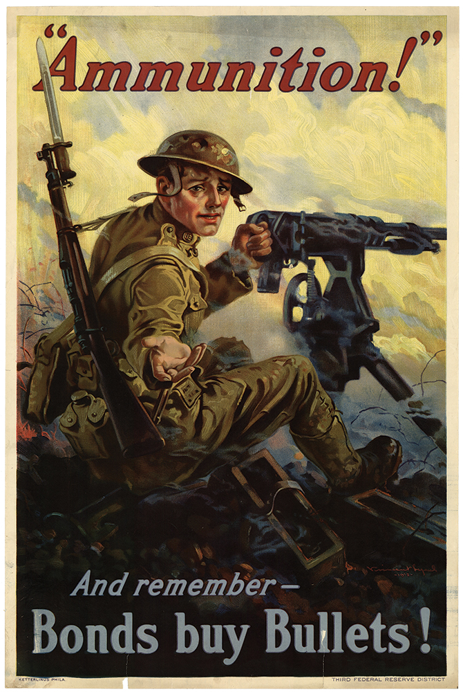 An American doughboy makes an appeal for ammunition in this 1918 poster for Liberty Bonds by Vincent Lynel, published in Philadelphia by the Ketterlinus Lithographic Manufacturing Co.