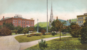 Where the trip began. Car 104 curved past Franklin Street Church, right, in Johnstown to load passengers.