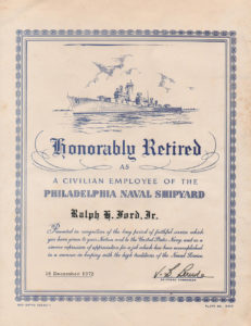 Ralph H. Ford Jr.’s retirement certificate from the Philadelphia Naval Shipyard.