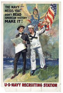 In this U.S. Navy recruiting poster created by artist James Montgomery Flagg (1877-1960) in 1917, a heroic sailor guides a civilian male to action, gesturing in front of steam-powered naval ships at sea and a winged Lady Liberty carrying American flag and sword.