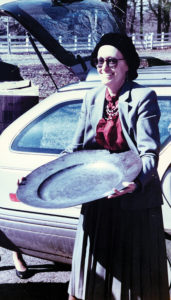 Alice Hemenway, director of Pennsbury Manor at the time of the theft, returns the large pewter charger to the historic site after divers recovered it from the Delaware River.
