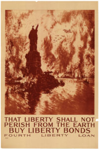 In 1918 Philadelphia artist Joseph Pennell (1857-1926) created this dystopian vision of a war-torn New York City in flames—complete with a decapitated Statue of Liberty—implying that this would be the result of Americans not fully supporting the war effort by purchasing Liberty Bonds.