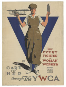 Adolph Treidler designed this poster in 1918 for the United War Work Campaign through the YWCA, which supported women working in American factories to produce the equipment, ammunition and ordnance needed to fight in Europe. 1918. Pennsylvania State Archives/MG-200