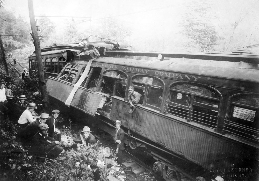 Car 104, foreground, and car 102 become enmeshed. Miller Library, Pennsylvania Trolley Museum