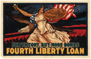 John Scott Williams (1877–1976), a muralist and illustrator who was born in England, but lived for many years in Gettysburg, Adams County, portrayed Lady Liberty with the American flag draped on her shoulders, carrying a sword and shield in this poster for Liberty Bonds.