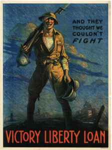 Victor Clyde Forsythe (1885-1962), an illustrator and cartoonist, created this depiction of a wounded American soldier carrying three German pickelhauben (helmets). It was published in Philadelphia by the Ketterlinus Lithographic Manufacturing Co. in conjunction with the 1919 Victory Liberty Loan. This was the final Liberty Loan drive of World War I and occurred after the cessation of hostilities in Europe.