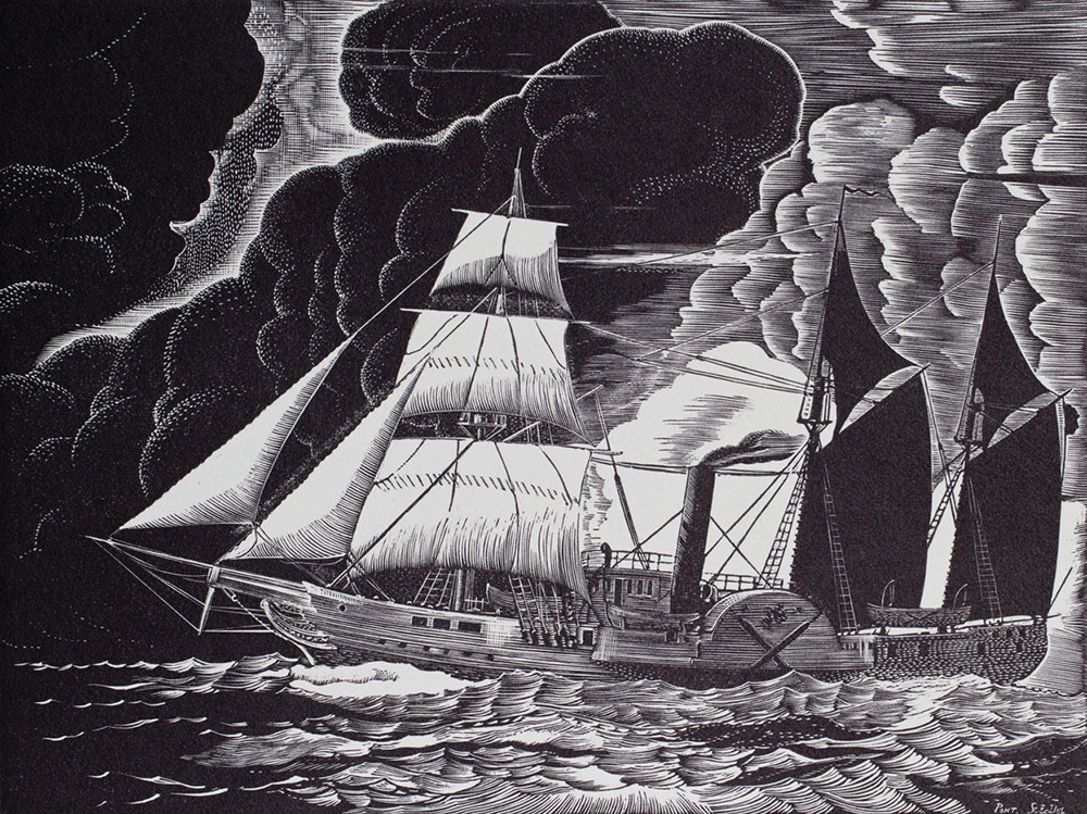 Charles E. Pont, USS Michigan, c. 1937, wood engraving. Erie Maritime Museum