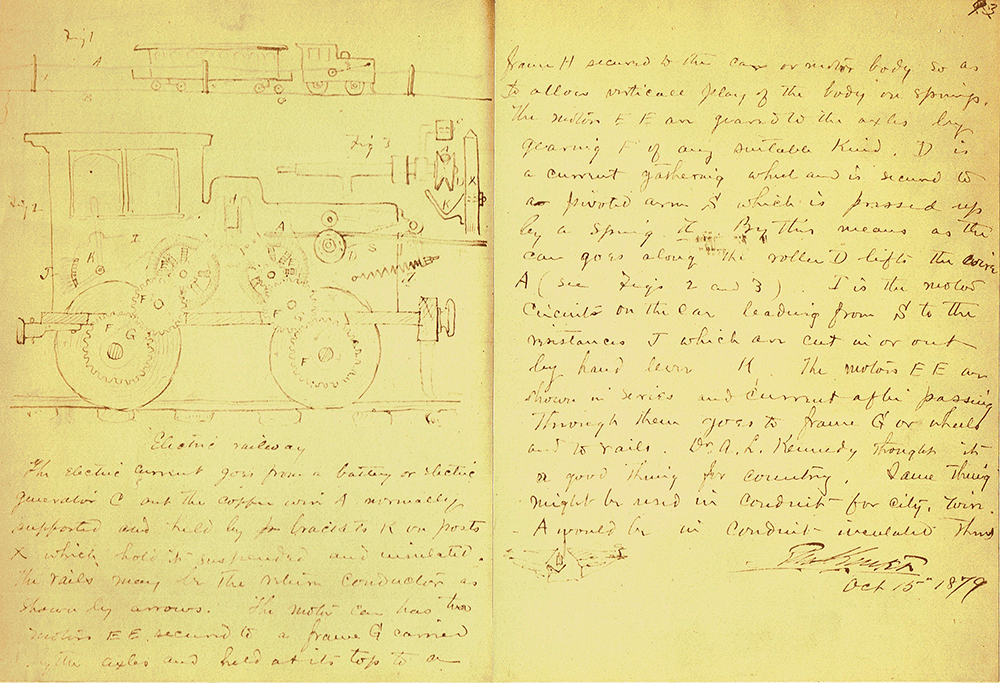 On this sketch and description of an electric locomotive, signed by Hunter and dated October 15, 1879, the side-mounted underrunning trolley appears to lack a provision for lateral movement, a feature that would prove essential.