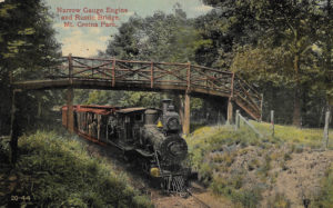 In 1889 the narrow-gauge railroad line was created to carry people from the amusement park, around the lake, and up to Governor Dick peak for a spectacular view of the whole region. Mount Gretna Area Historical Society