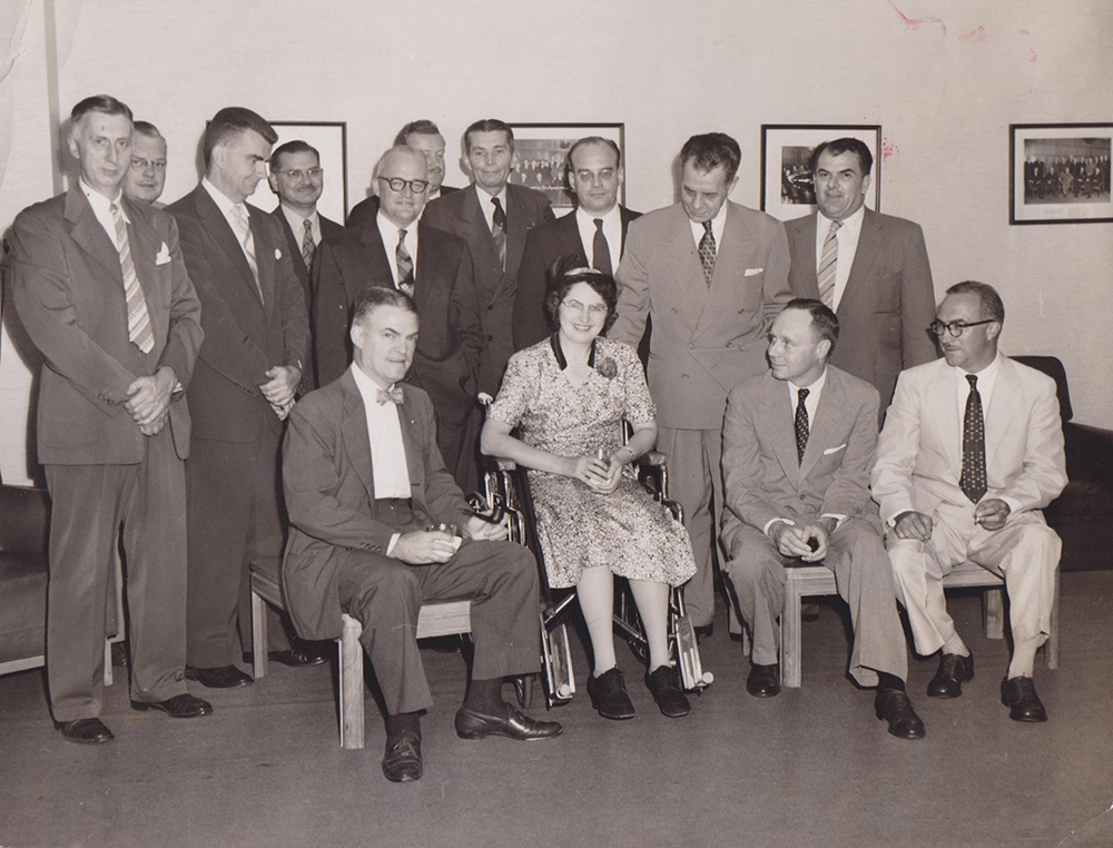 Executives of the Associated Press assemble to honor Gross in New York after her release from the rehabilitation hospital where she learned to walk with artificial legs. Annie Halenbake Ross Library, Lock Haven