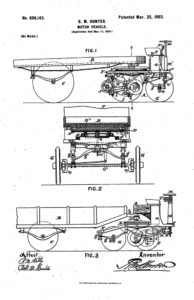 Hunter’s 1902 motor truck patent. It doesn’t take too much imagination to see the modern semitruck in this innovative design. U.S. Patent and Trademark Office