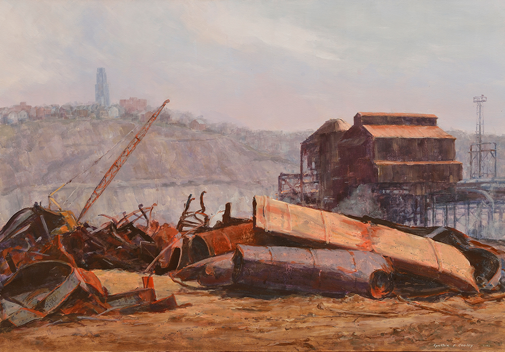 Cynthia F. Cooley (b. 1931), Post-Industrial Pittsburgh, 1992, acrylic on canvas, 1994 Purchase Award. The State Museum of Pennsylvania