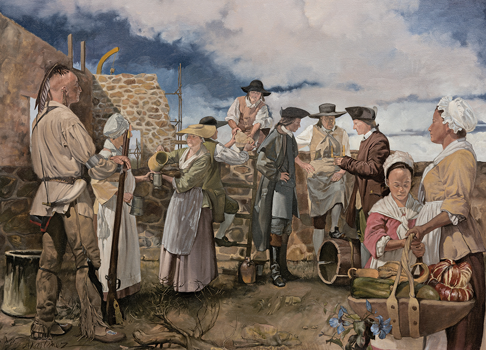 In 1764, as Charles Mason and Jeremiah Dixon traveled across the land on their mission to draw a border between Pennsylvania and Maryland, they passed through West Bradford Township, Chester County, where botanist and stonemason Humphry Marshall (1722–1801) was helping to build Martin’s Tavern. In this 2013 oil-on-canvas painting titled Meeting at Martin’s Tavern, Chester County artist Adrian Martinez imagines the encounter, with the surveyors flanking Marshall—Dixon, left, and Mason, right—and a Native American guide standing among the local inhabitants. Throughout their survey, Mason and Dixon often consulted with knowledgeable residents about the landscape. Courtesy Adrian Martinez