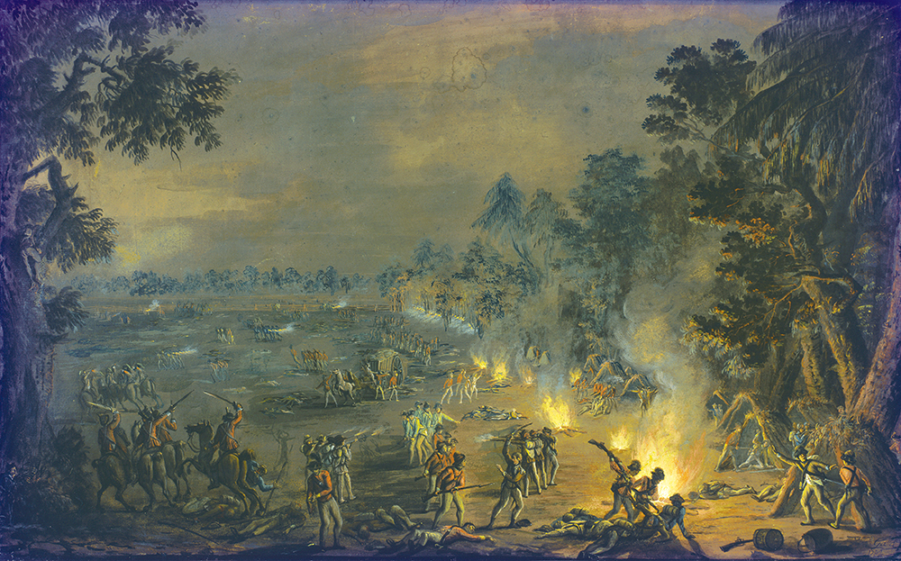 The Paoli Massacre is a rare period image painted in 1782 by Xavier della Gatta in London for a British officer. It vividly captures the details of the battle: the small huts—called “booths” by the Americans and “wigwams” by the British—on the right; British light infantry bayoneting Continentals in the firelight; and British dragoons wreaking havoc on the left. In the foreground, Lt. Martin Hunter, the only wounded British officer, is bandaging his hand, while Capt. William Wolfe of the 40th lies dead, the sole British officer killed in the battle. Museum of the American Revolution