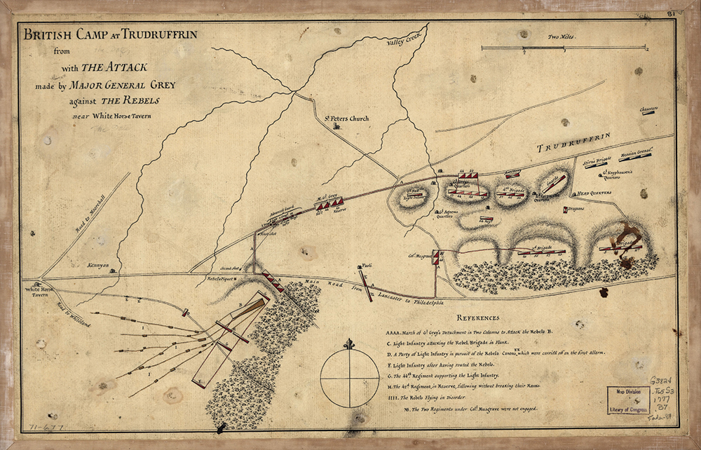 This British manuscript map, “drawn by an officer on the spot” and engraved in London in 1778 by William Faden, shows the main British camp, 4 miles east of Wayne’s camp, and the route of the British attack force. It also depicts “the Rebels flying in disorder” west of the camp towards the White Horse Tavern. The American dead were gathered the next day by local civilians and buried in a mass grave on the battlefield. A British captain, a sergeant and “one or two privates” killed in the battle were taken back to camp and buried by their own troops, probably at St. Peter’s Anglican Church, shown in the upper center.