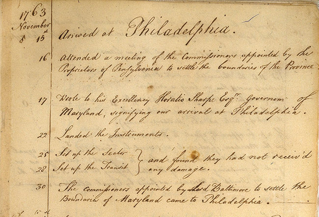 This page from Mason and Dixon’s journal notes their arrival in Philadelphia to start the survey on November 15, 1763, and activities through December 15. National Archives