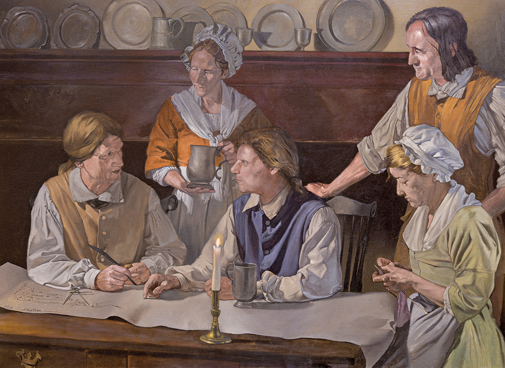 After four years of surveying through the wilderness, Mason, left, and Dixon, center, mapped the boundary between Pennsylvania and Maryland at the Harlan family farm in Chester County. In this 2013 oil-on-canvas painting titled Drawing the Line, artist Adrian Martinez recreates the scene as it may have occurred in late 1767. Courtesy Adrian Martinez