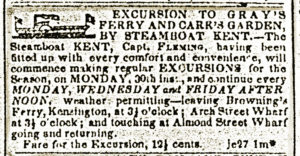 An advertisement from the Philadelphia Public Ledger for river excursions on the steamboat Kent to Bartram’s Garden, summer of 1845. John Bartram Association
