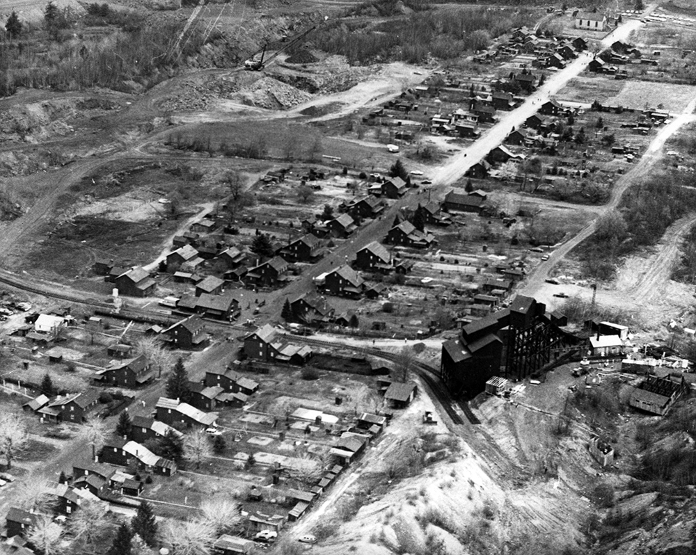 Bird’s-eye view of Eckley, with the movie prop breaker in the lower right corner, c. 1970. Department of Architecture and Preservation, PHMC