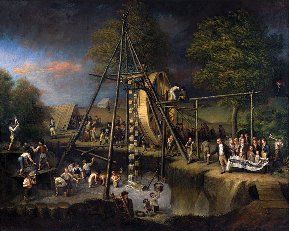 Charles Willson Peale illustrated the enormous effort involved in excavating the mastodon skeleton in this 1806–08 oil-on-canvas painting titled Exhumation of the Mastodon. The artist grouped members of his family at the right and included himself holding the left side of one of his anatomical drawings. Maryland Historical Society/MA5911