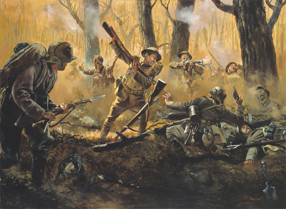 Men of Iron, a National Guard Heritage Series painting by Don Troiani, depicts a heroic stand by the 28th Division’s 109th Infantry Regiment against attacking German troops during the Champagne-Marne Offensive in July 1918.