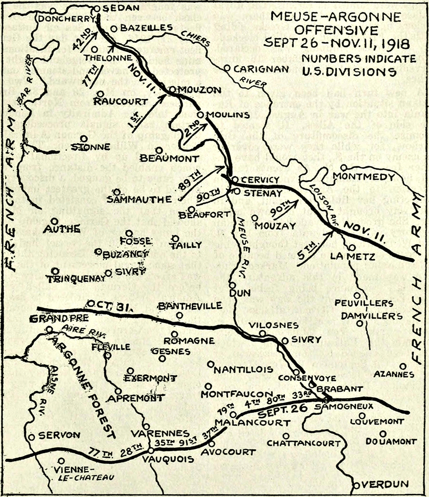 This map shows movements of various U.S. units in northeastern France during the Meuse-Argonne Offensive, September 26–November 11, 1918. From Collier’s New Encyclopedia, Vol. 10 (P.F. Collier & Son, 1921)