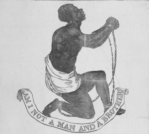 The image on this 1837 woodcut, originally created for the seal of the Society for the Abolition of Slavery in England, was also adopted by the American Anti-Slavery Society. Library of Congress