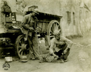 Soldiers from the 28th examine captured weapons after German withdrawal from Épaux-Bézu, France, July 23, 1918. Pennsylvania State Archives/RG-19.51