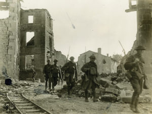 Members of Company K, 110th Infantry, passing through Varennes-en-Argonne after its capture on September 26, 1918. Pennsylvania State Archives/RG-19.51