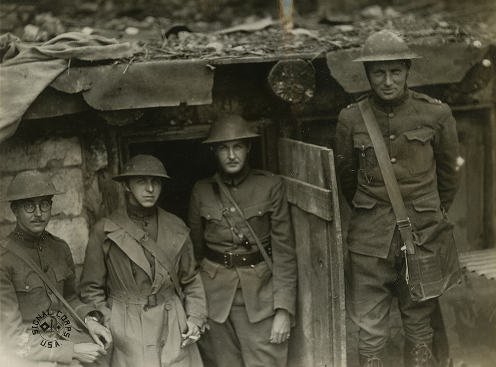 Philadelphians Capt. Ralph W. Knowles, Lt. James Spillen, Lt. Frank Teirry and Lt. M. R. McAdoo Jr. of the 103rd Trench Mortar Battery in a trench at Epinouville, France, October 5, 1918. Pennsylvania State Archives/RG-19.51